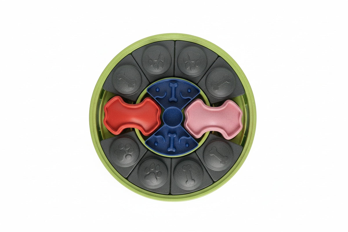 interactive dog puzzle roller for slow feeding, mental stimulation, and foraging instincts, durable and dishwasher-safe
