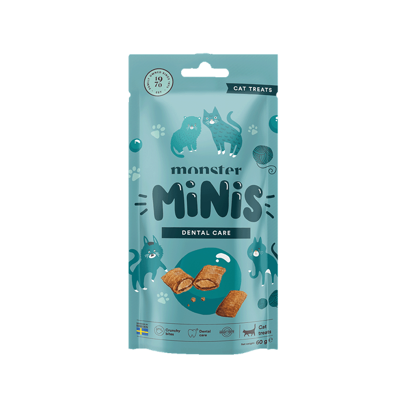 Monster Minis Dental Care cat treats in a light blue stand-up pouch with cartoon cat illustrations and two illustrated treats shown on the front, photographed on a plain blue-gray background.