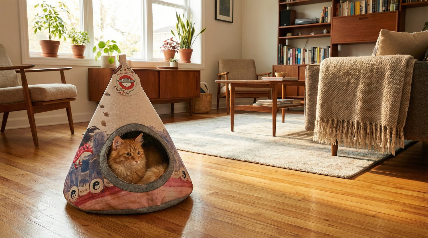Cat relaxing inside Yin Yang teepee tent