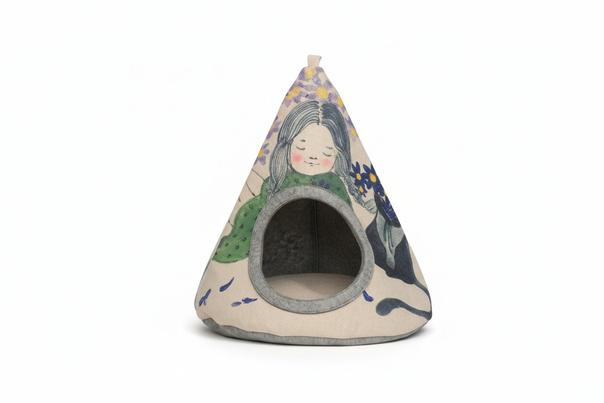 Cozy teepee style cat tent in violet flower design