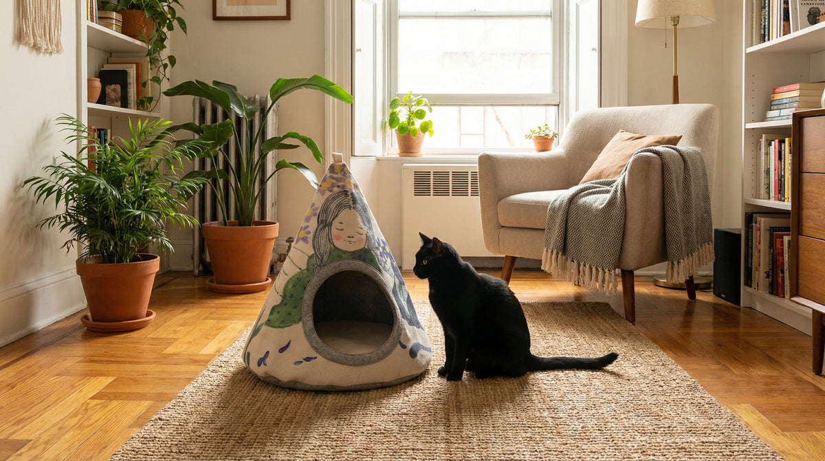 Cat sitting on a rug next to a pet teepee in a cozy living room.