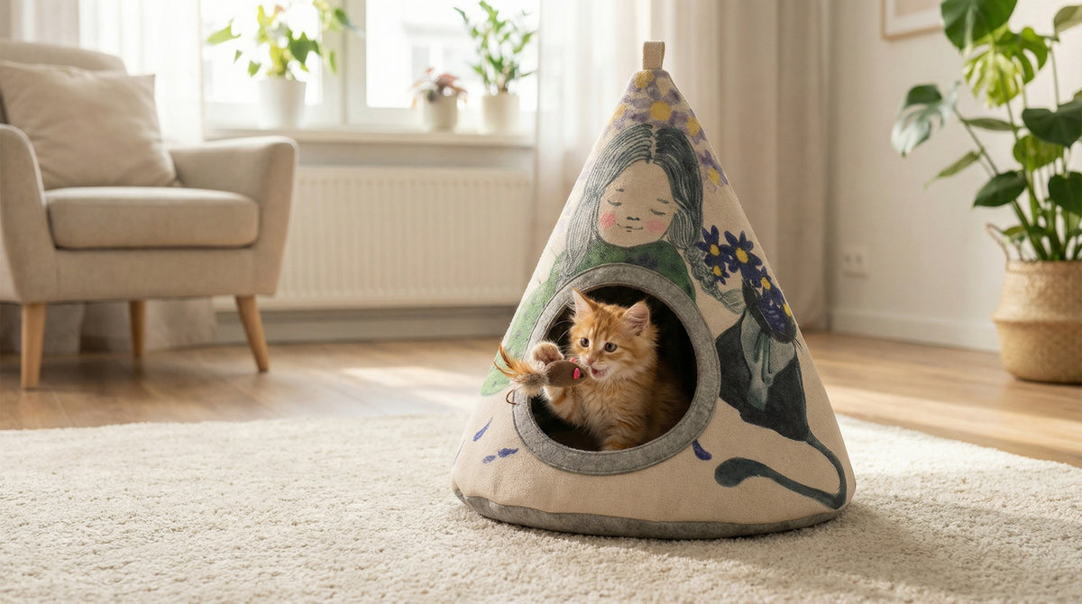 Cat lying inside a decorative pet bed in a cozy living room.