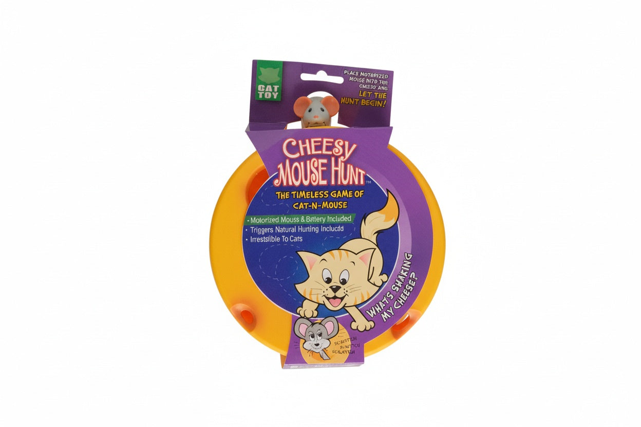 Cheese shaped interactive cat toy with mouse