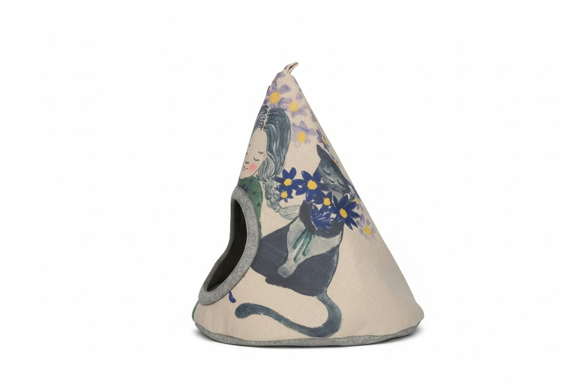 Cozy teepee style cat tent in violet flower design