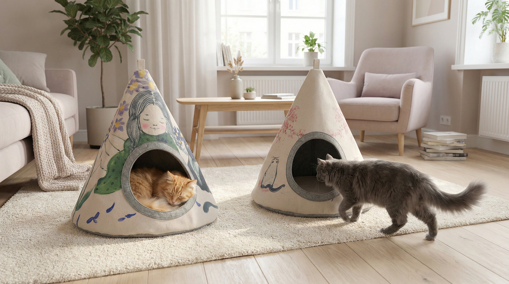 Cat relaxing inside violet flower fabric tent